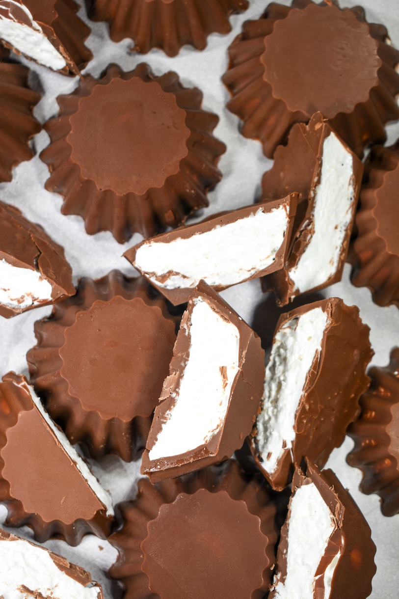 Homemade Mallo cups on a white surface