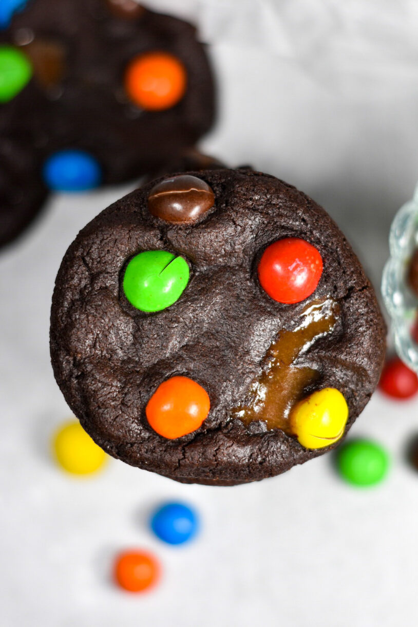 Chocolate M&M Cookies as viewed from above