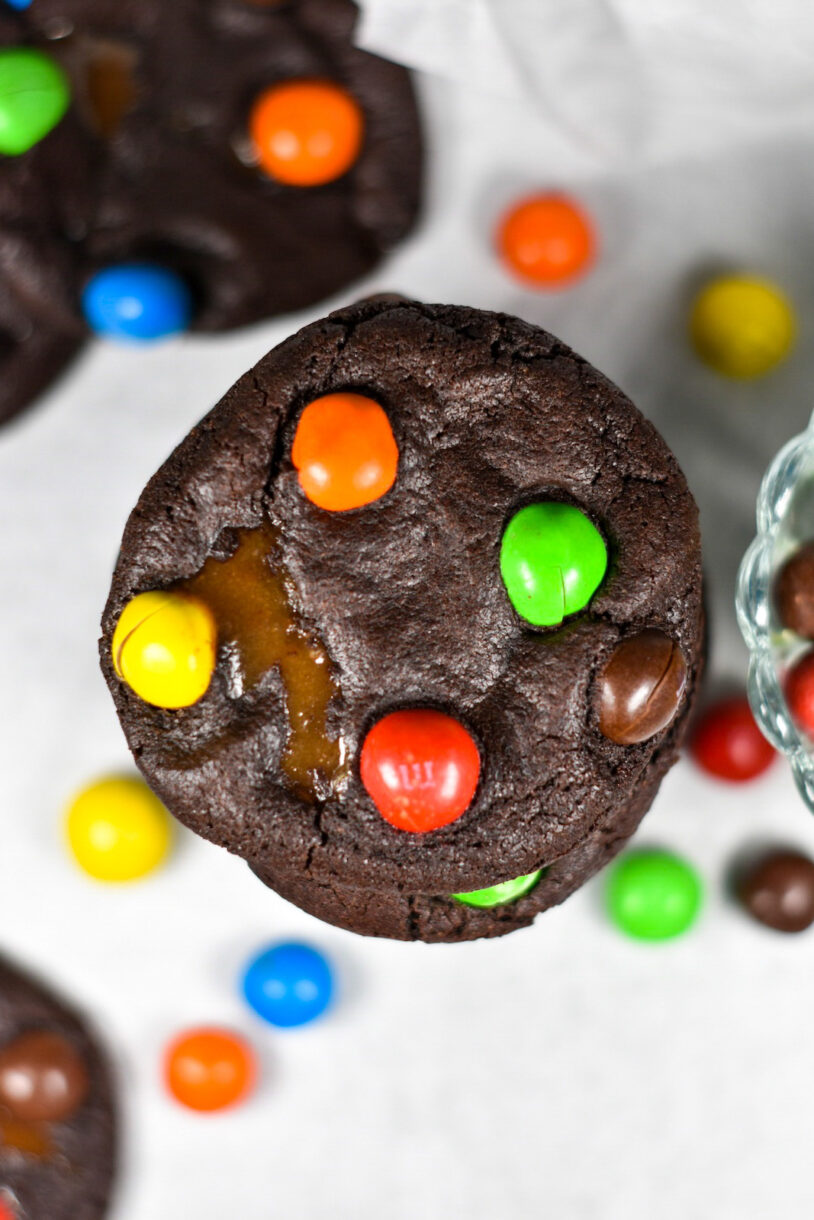 Caramel M&M Cookies as viewed from above