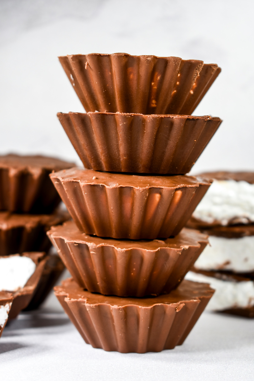 Fluted chocolate marshmallow cups in a stack