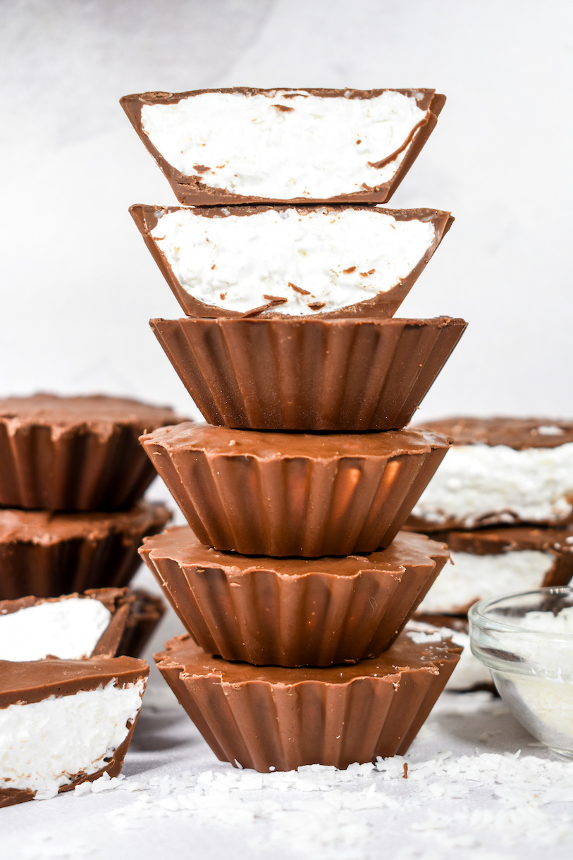 Stack of chocolate marshmallow cups made from a copycat Mallo Cup recipe