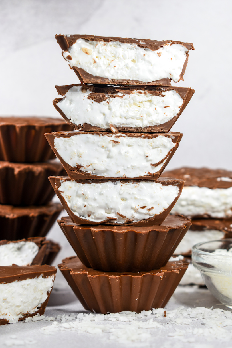 A stack of sliced coconut marshmallow cups