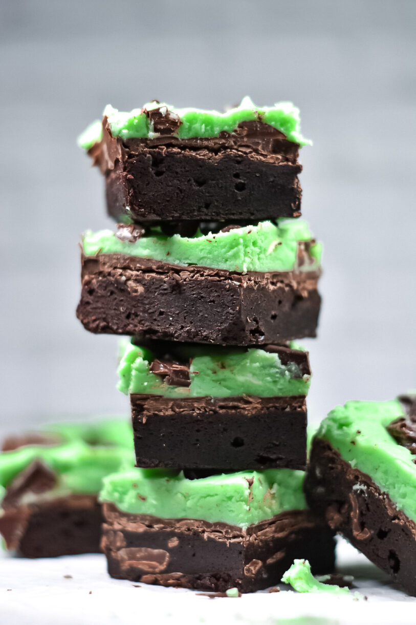 A stack of four chocolate and mint brownies