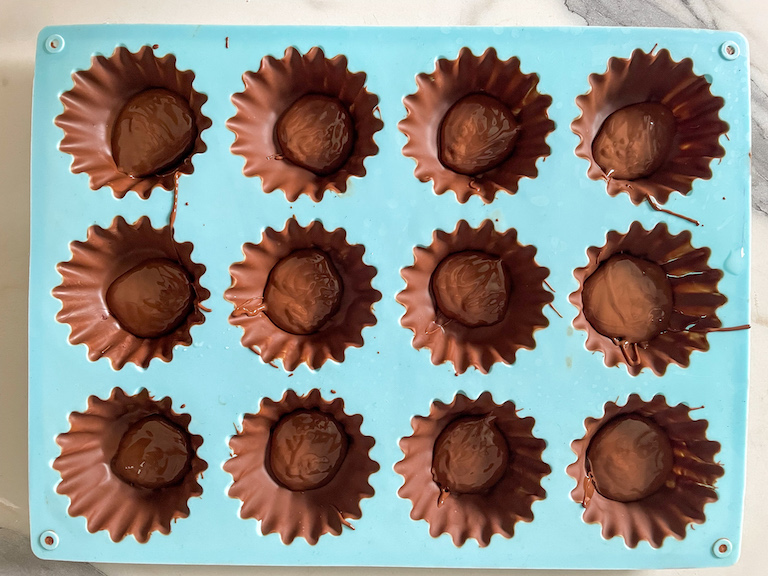Chocolate in a blue silicone mould