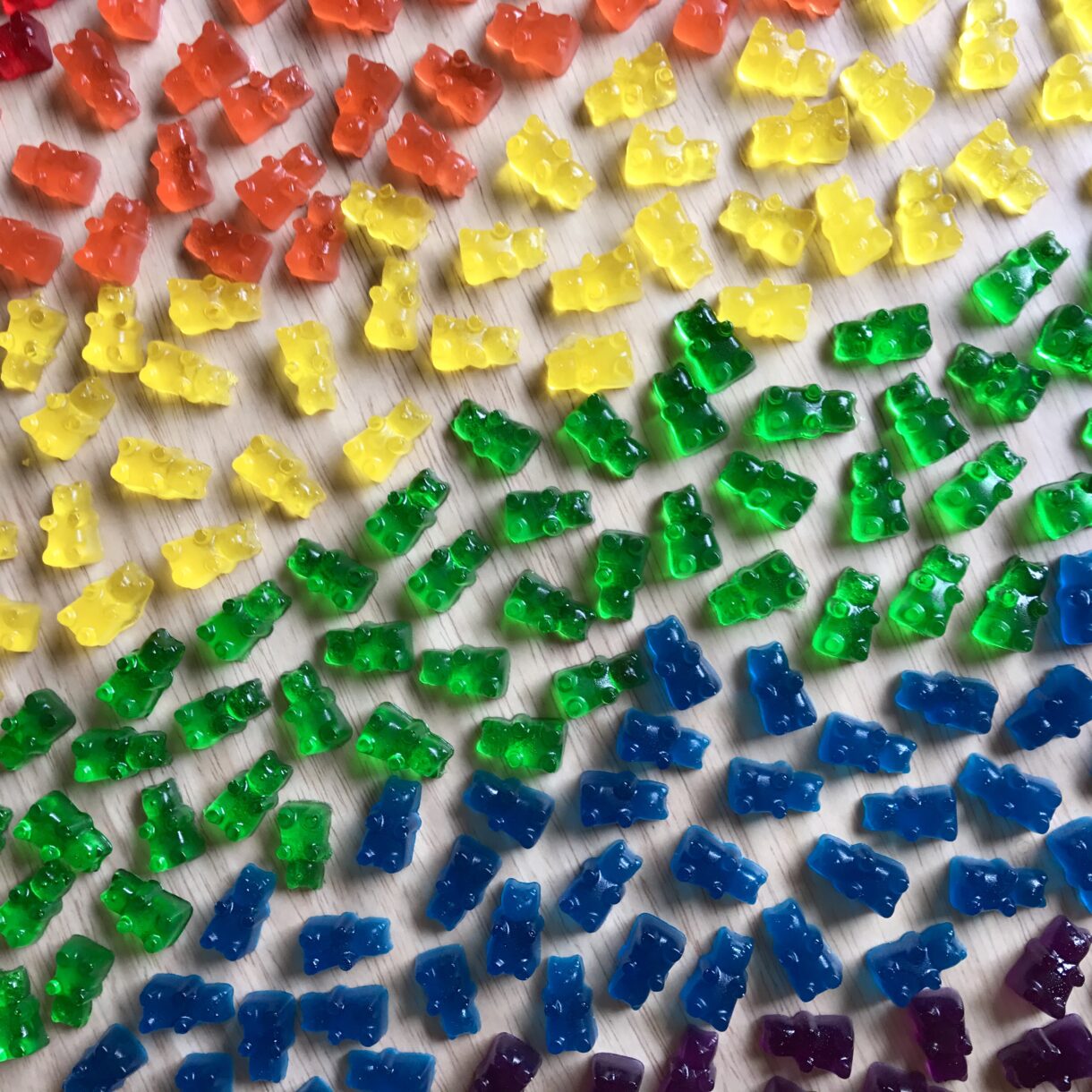 Rainbow gummy bears made from an easy gummy bear recipe using Jello