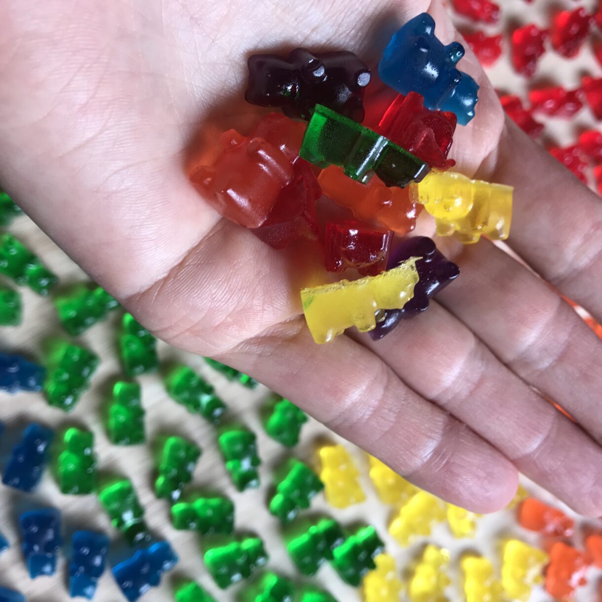 Rainbow gummy bears made using an easy gummy bears recipe