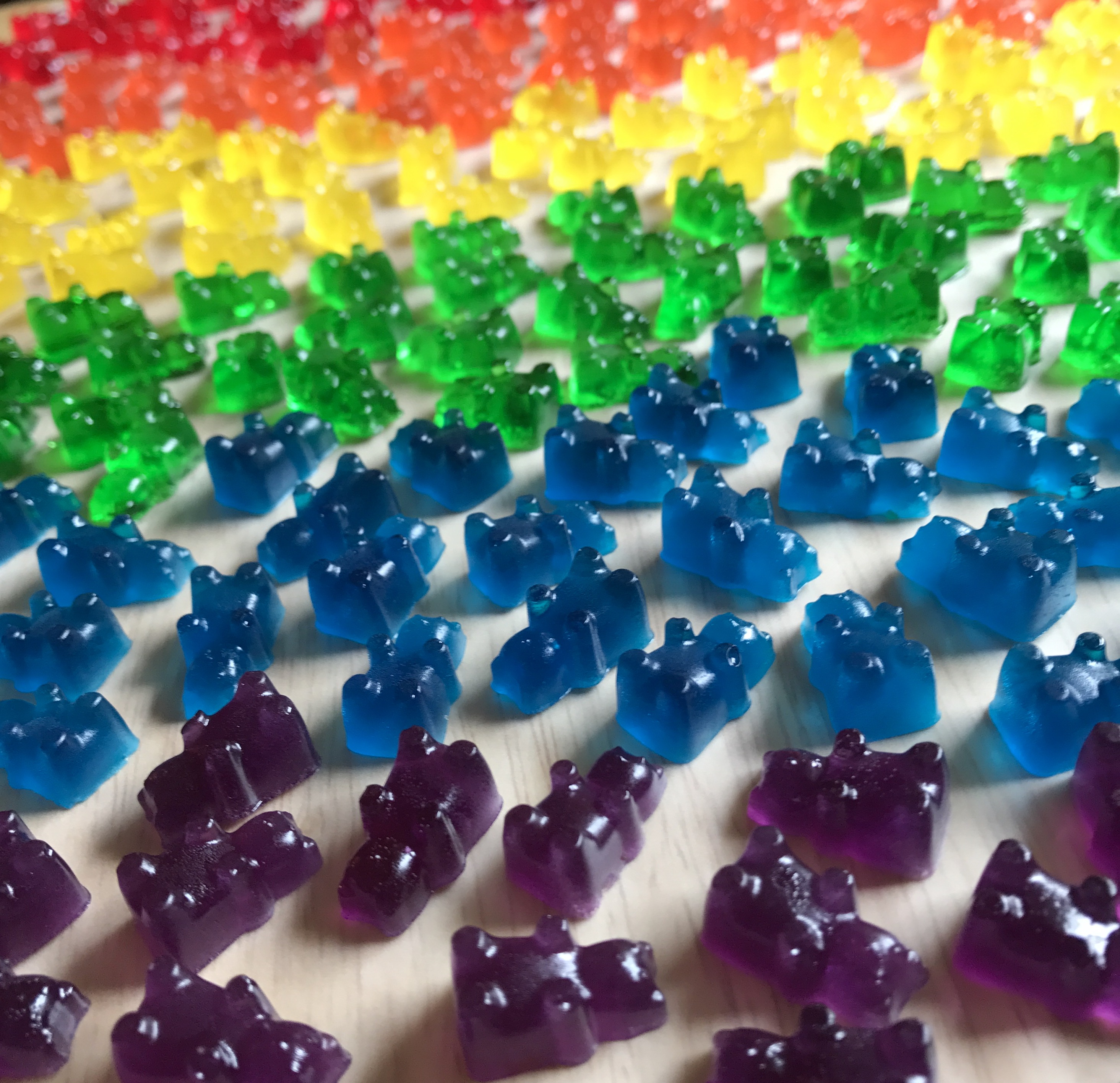 homemade gummy bears arranged in a rainbow pattern