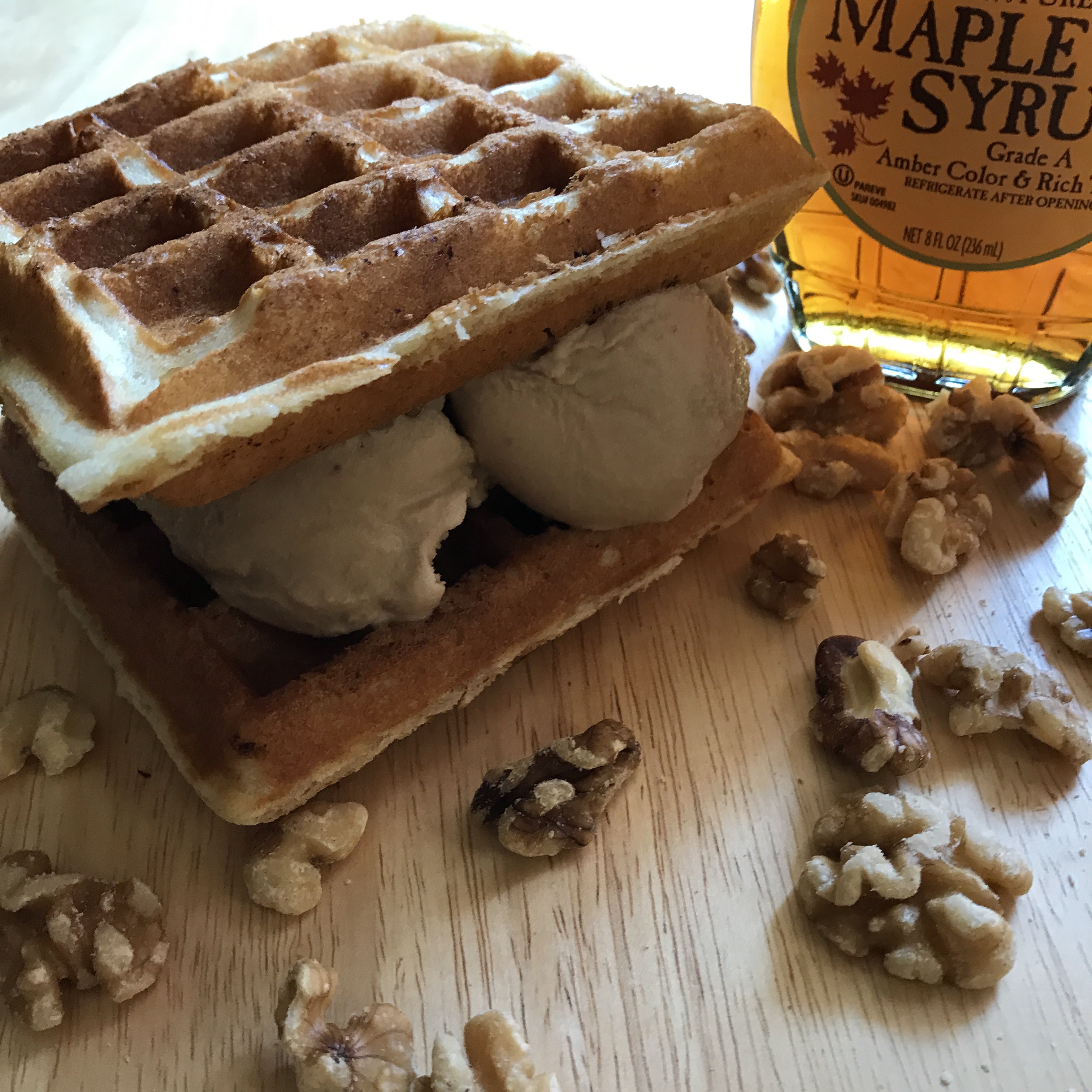 Waffles with homemade maple walnut ice cream
