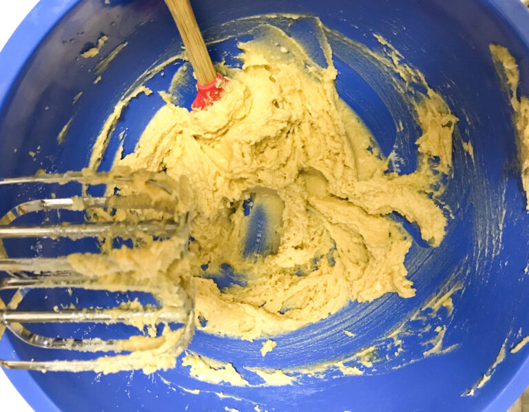 Cookie dough in blue bowl