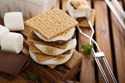 Stack of campfire s'mores with chocolate and marshmallow