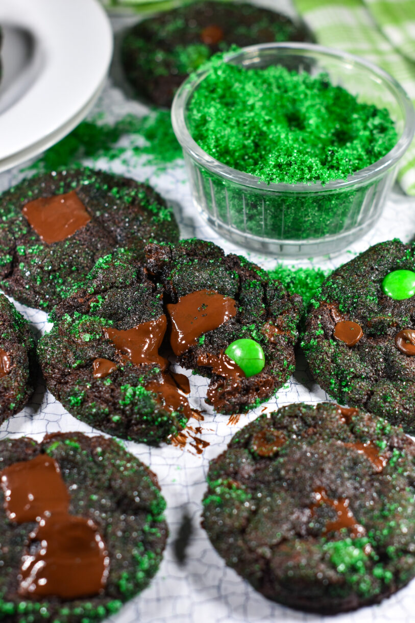 Chocolate mint cookies and green sugar