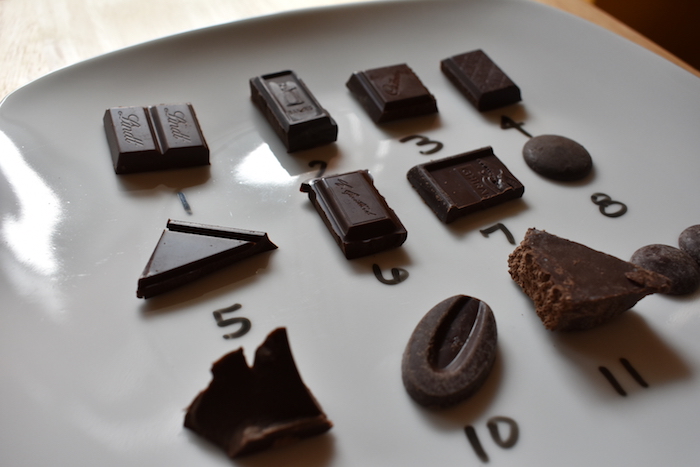 chocolate tasting plate with samples of chocolate