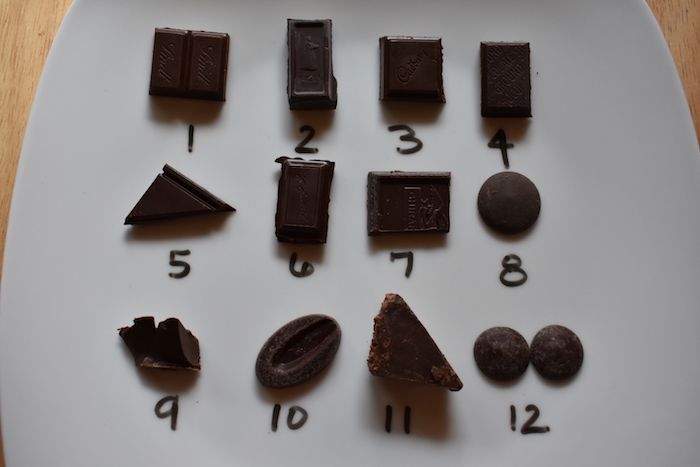 Chocolate tasting plate with twelve samples