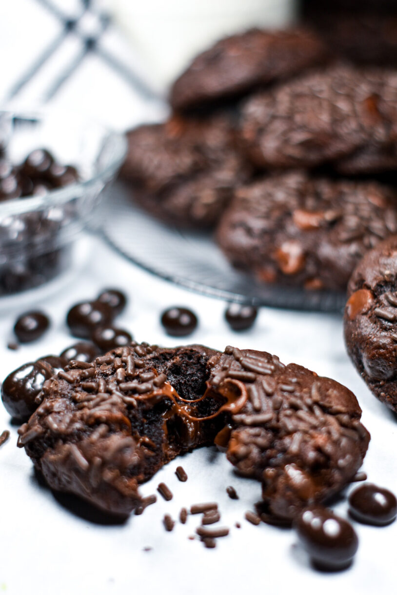 Dark Chocolate Espresso Bean Cookie with melted chocolate 
