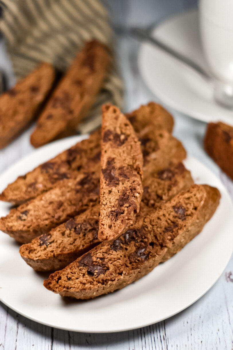 Coffee and Chocolate Biscotti on a white plate