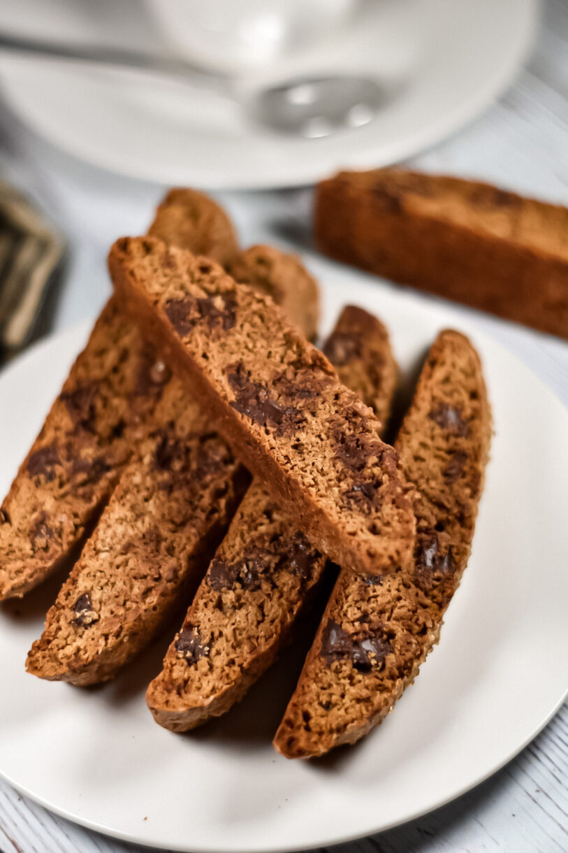 Coffee and Chocolate Biscotti on a white plate