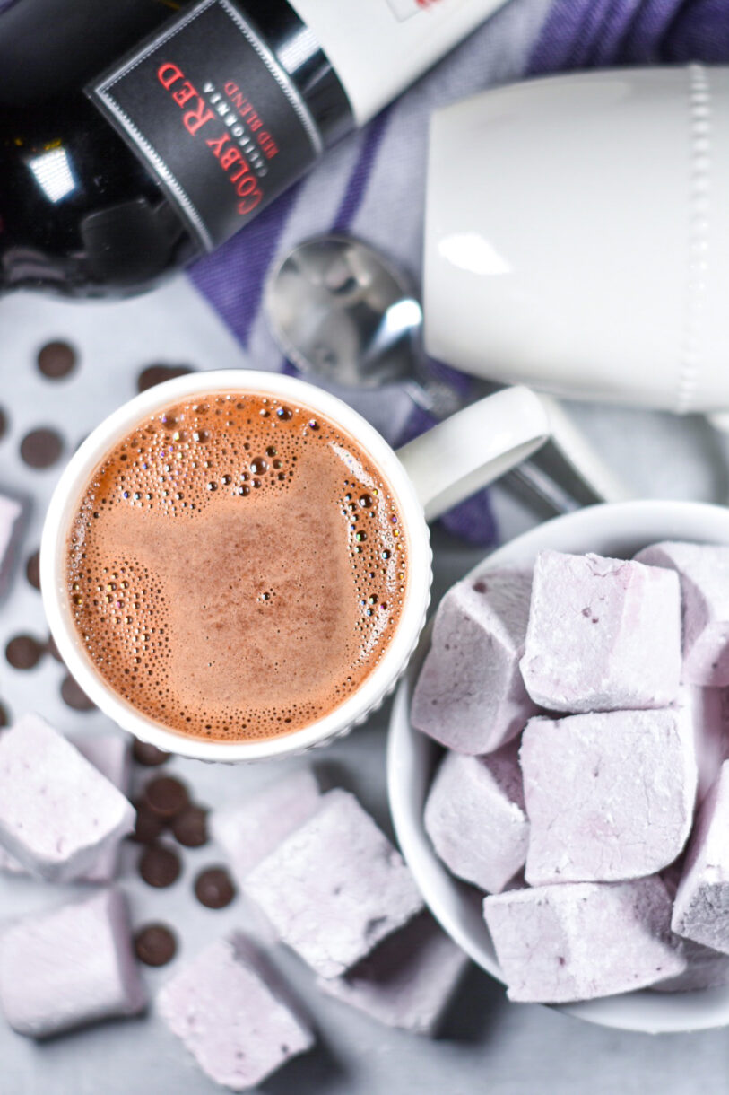 Red wine hot chocolate, marshmallows, and bottle of red wine