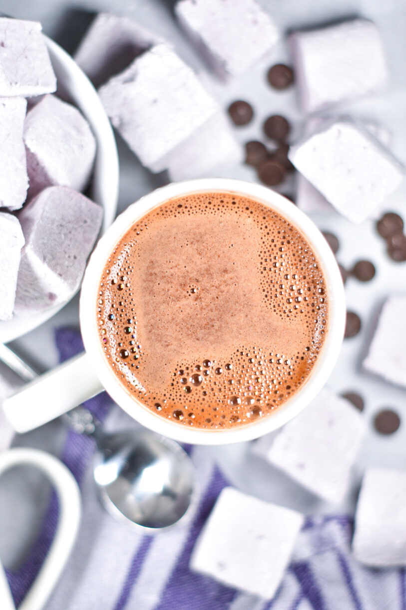 Red wine hot chocolate in a mug surrounded by marshmallows and chocolate chips