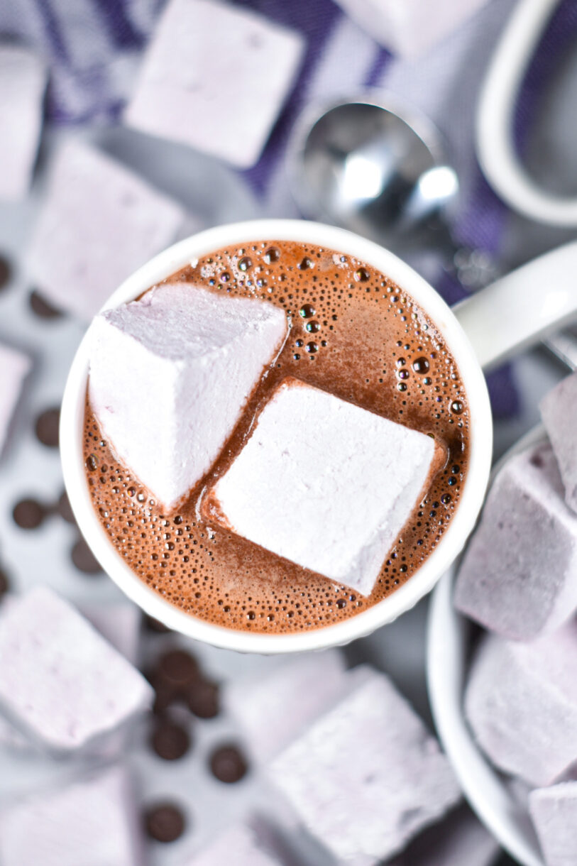 Red wine hot chocolate in a mug with two marshmallows