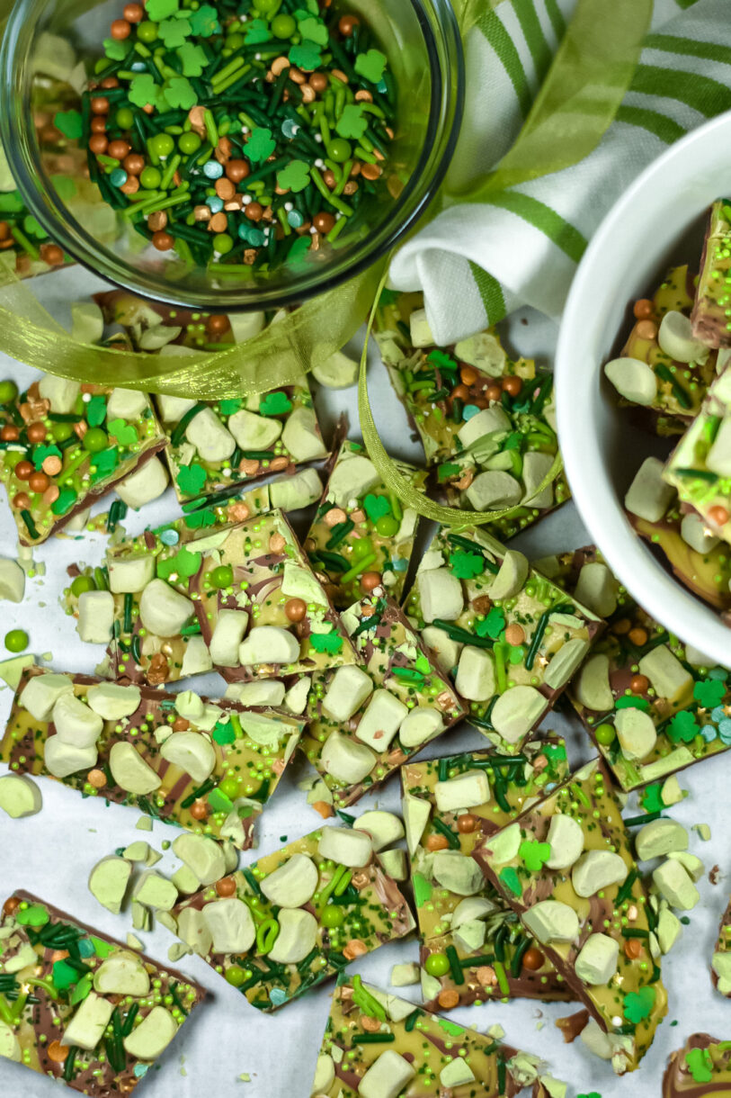 Green peppermint bark, bowl of sprinkles and green tea towel