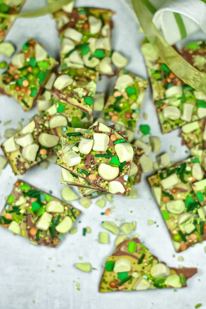 St. Patrick's Day chocolate bark on a white surface