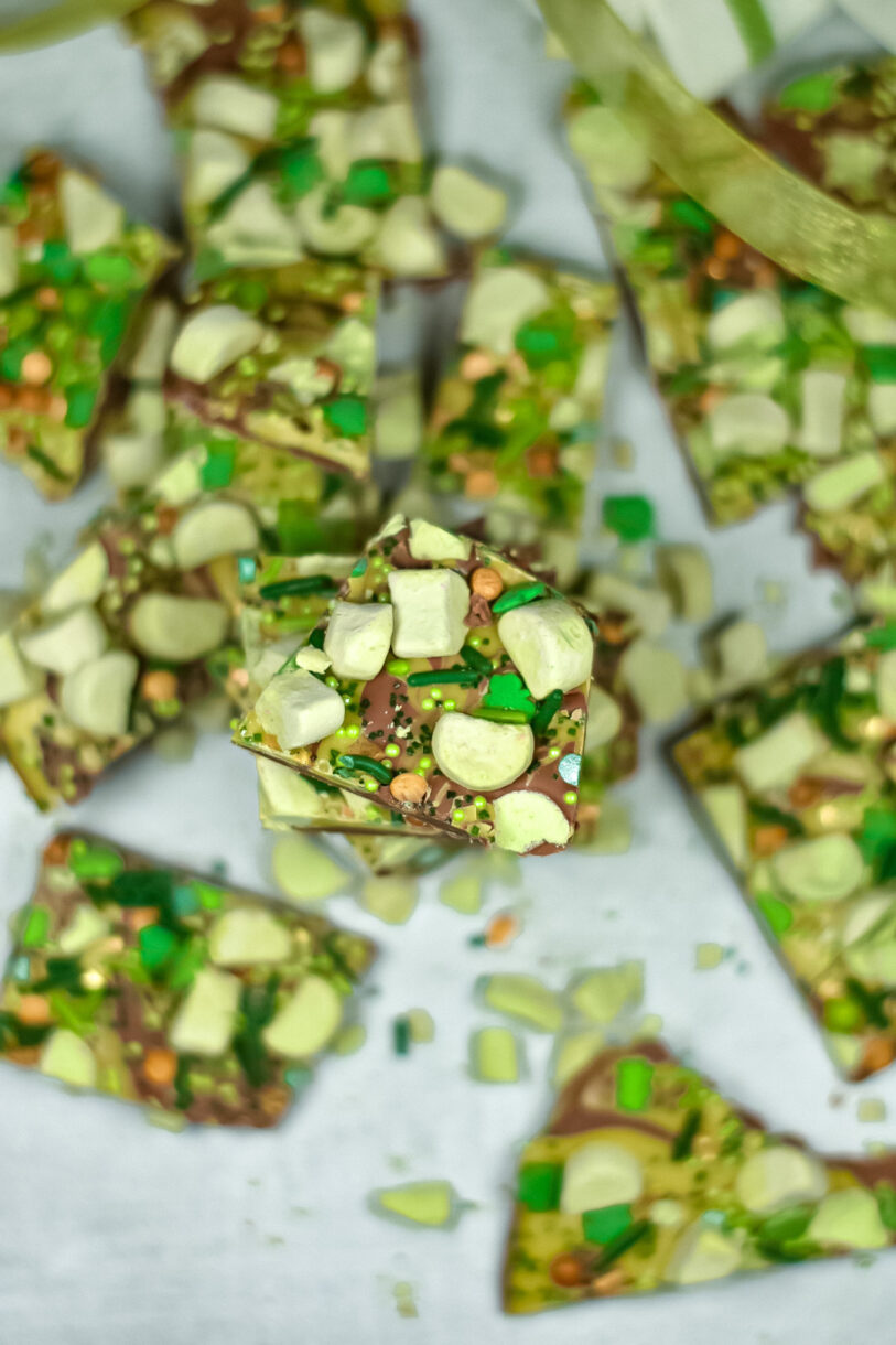 St. Patrick's Day chocolate bark on a white background