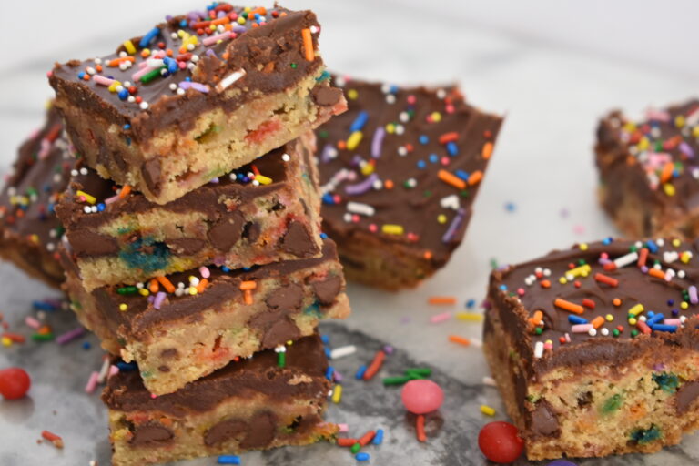 Chocolate chip confetti bars with milk chocolate frosting