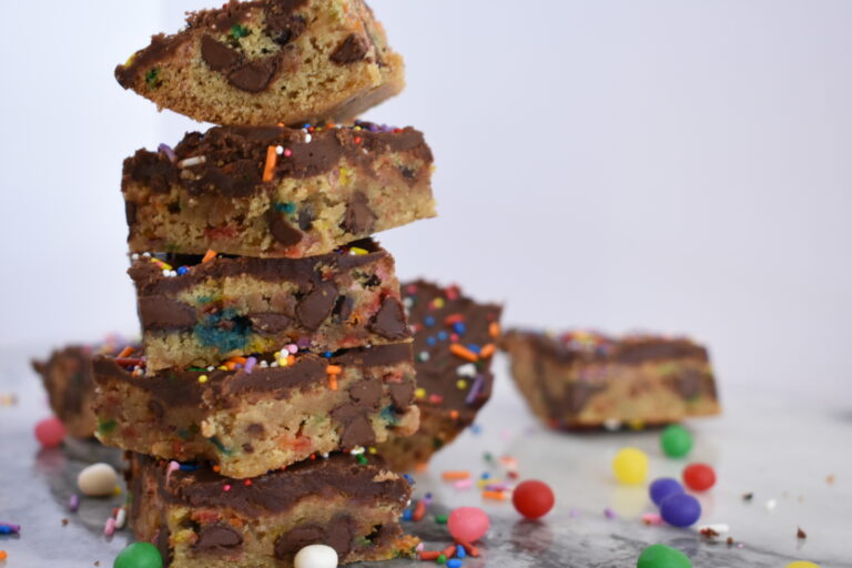 Chocolate chip confetti bars with milk chocolate frosting