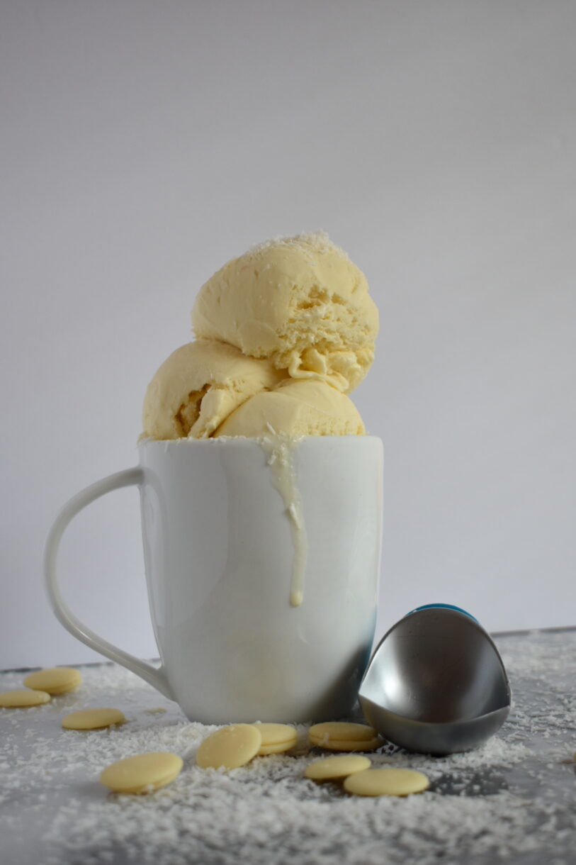 Mug of coconut ice cream with scoop