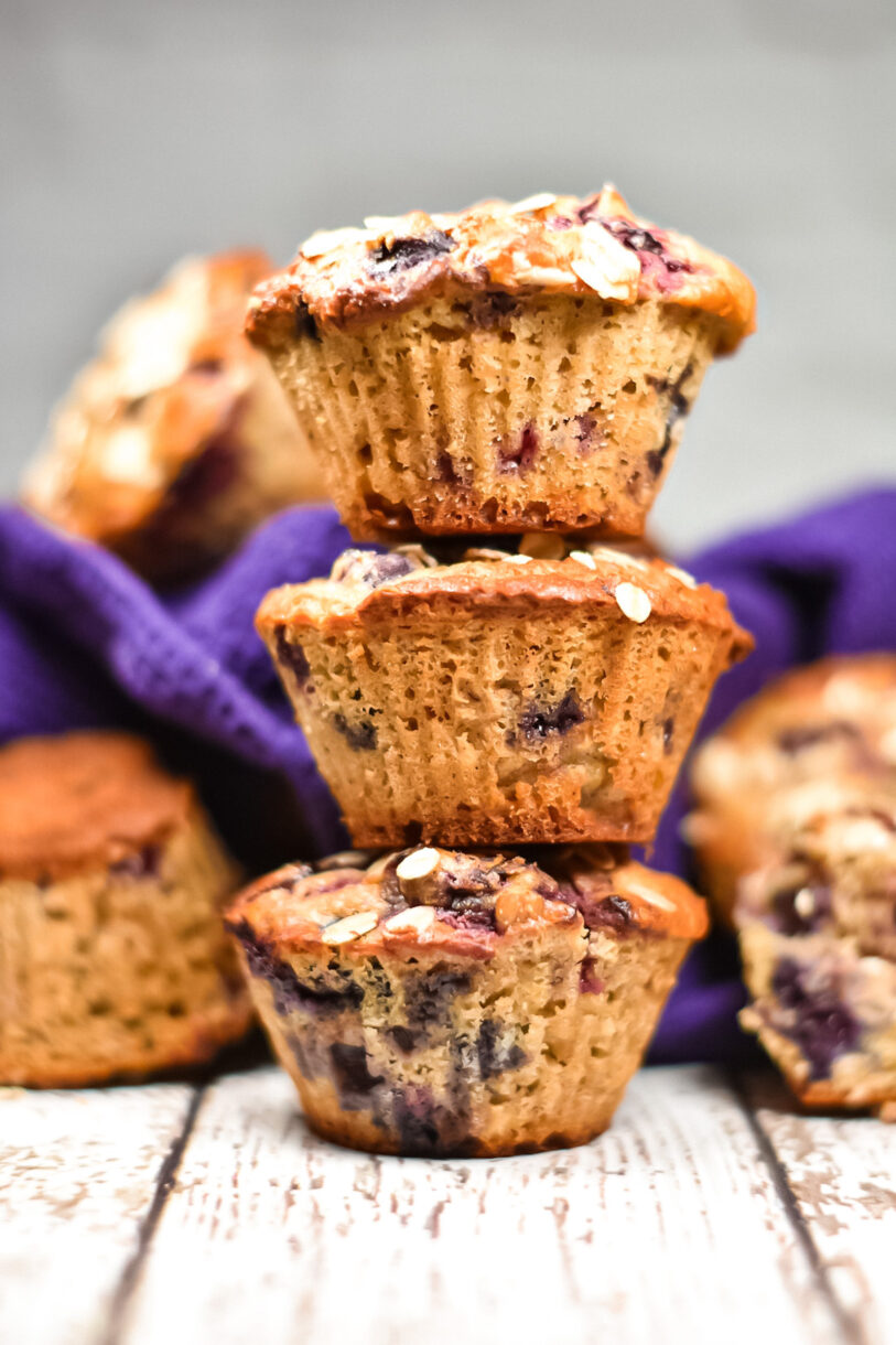 Berry muffins with oatmeal, in a stack of three