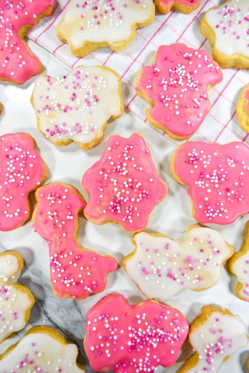 Pink and white animal cookies with sprinkles