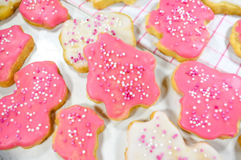 Pink and white frosted animal cookies
