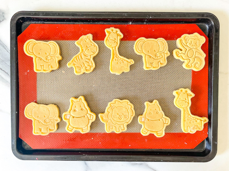 Tray of animal cookies before baking