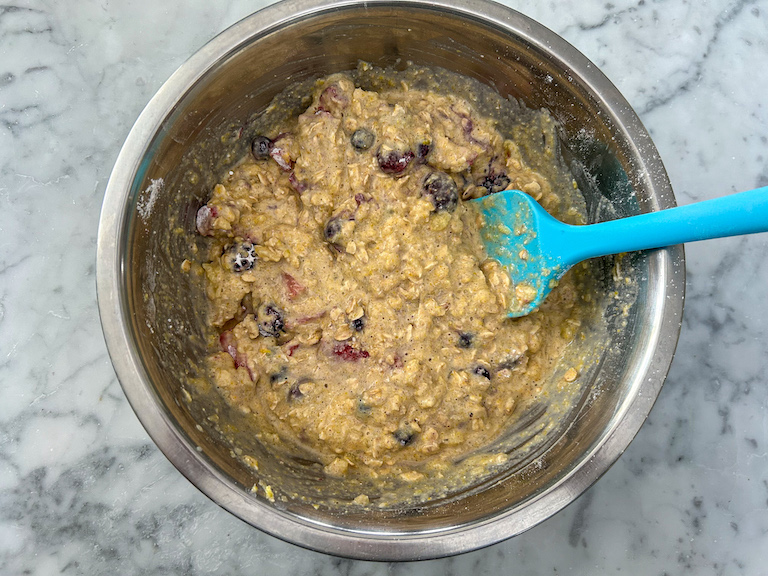 Mixed berry muffin batter in bowl