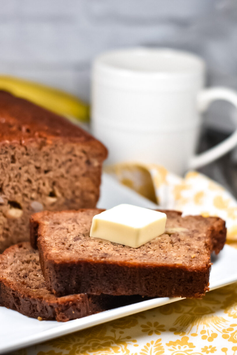 Chai spiced banana bread with a pat of butter