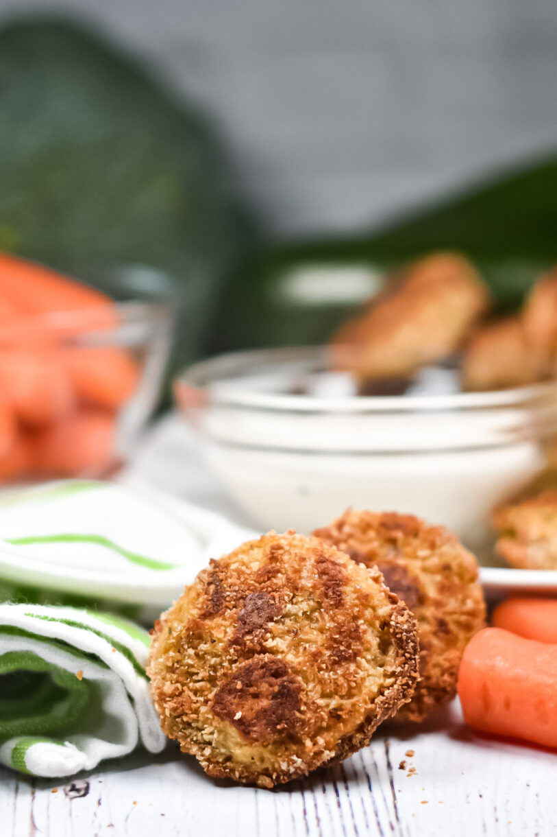 Baked veggie nuggets, carrots, and bowl of ranch dressing