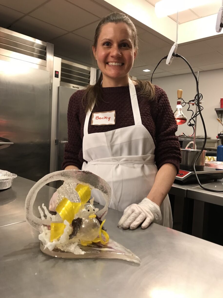 Pastry chef Rebecca Frey with sugar sculpture during ICE sugar techniques workshop