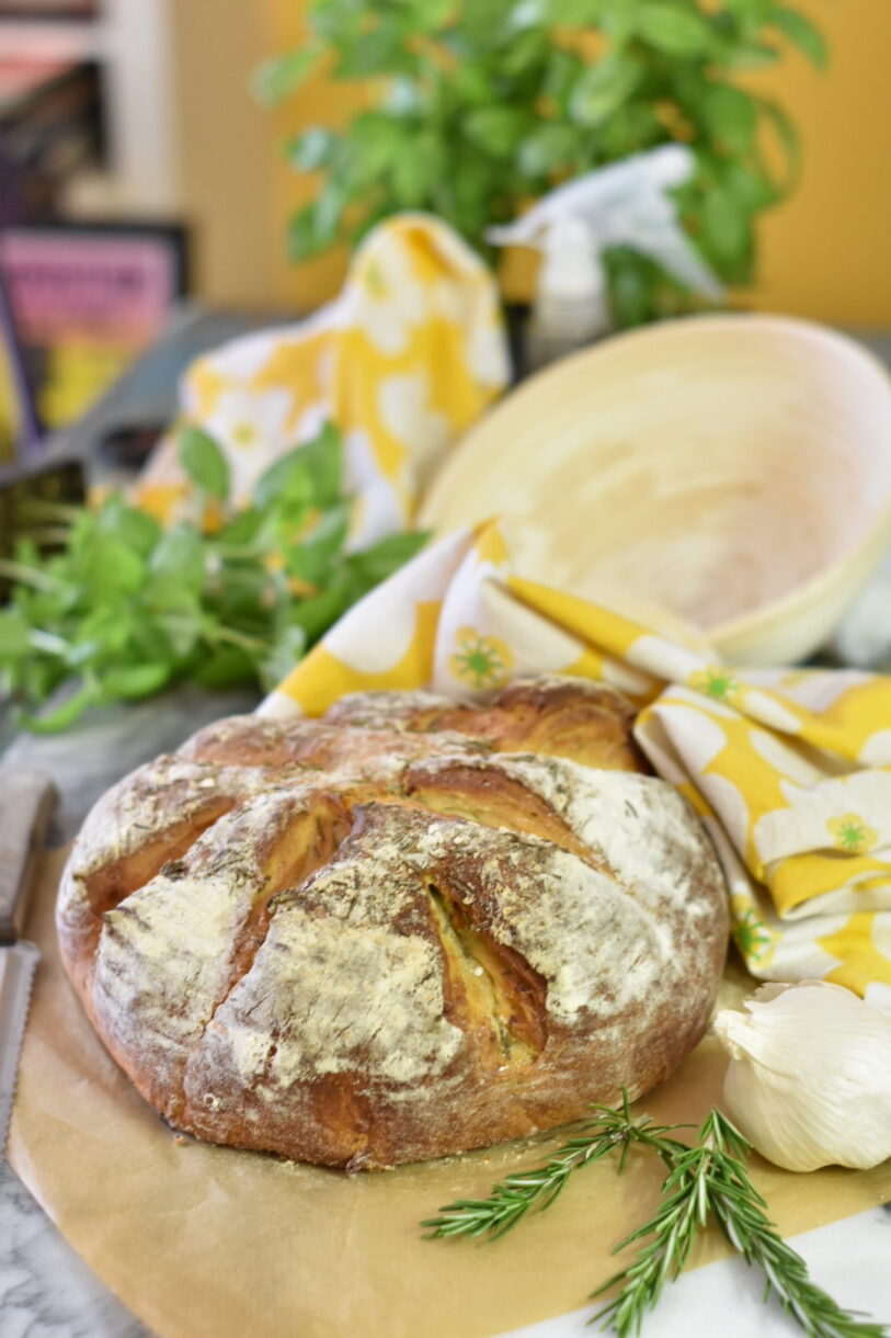 Potato bread with roasted garlic, olive oil, rosemary and stilton