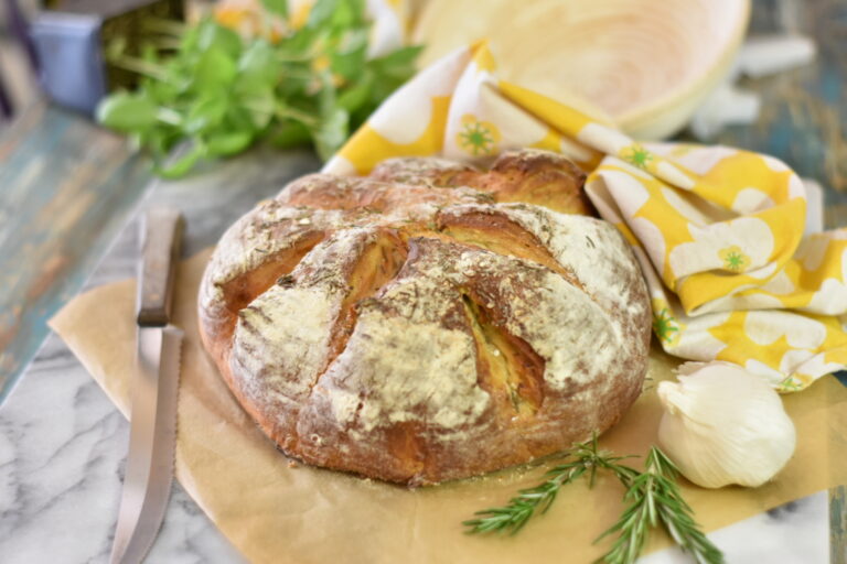 Potato bread with roasted garlic, olive oil, rosemary and stilton