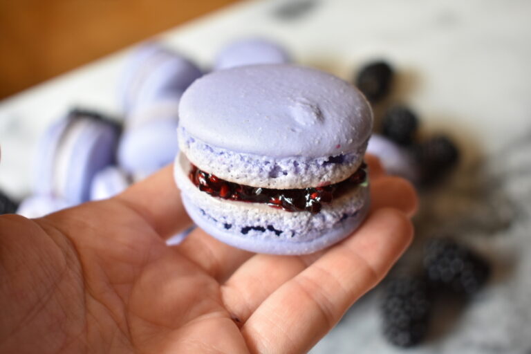 Hand holding a macaron with blackberry jam