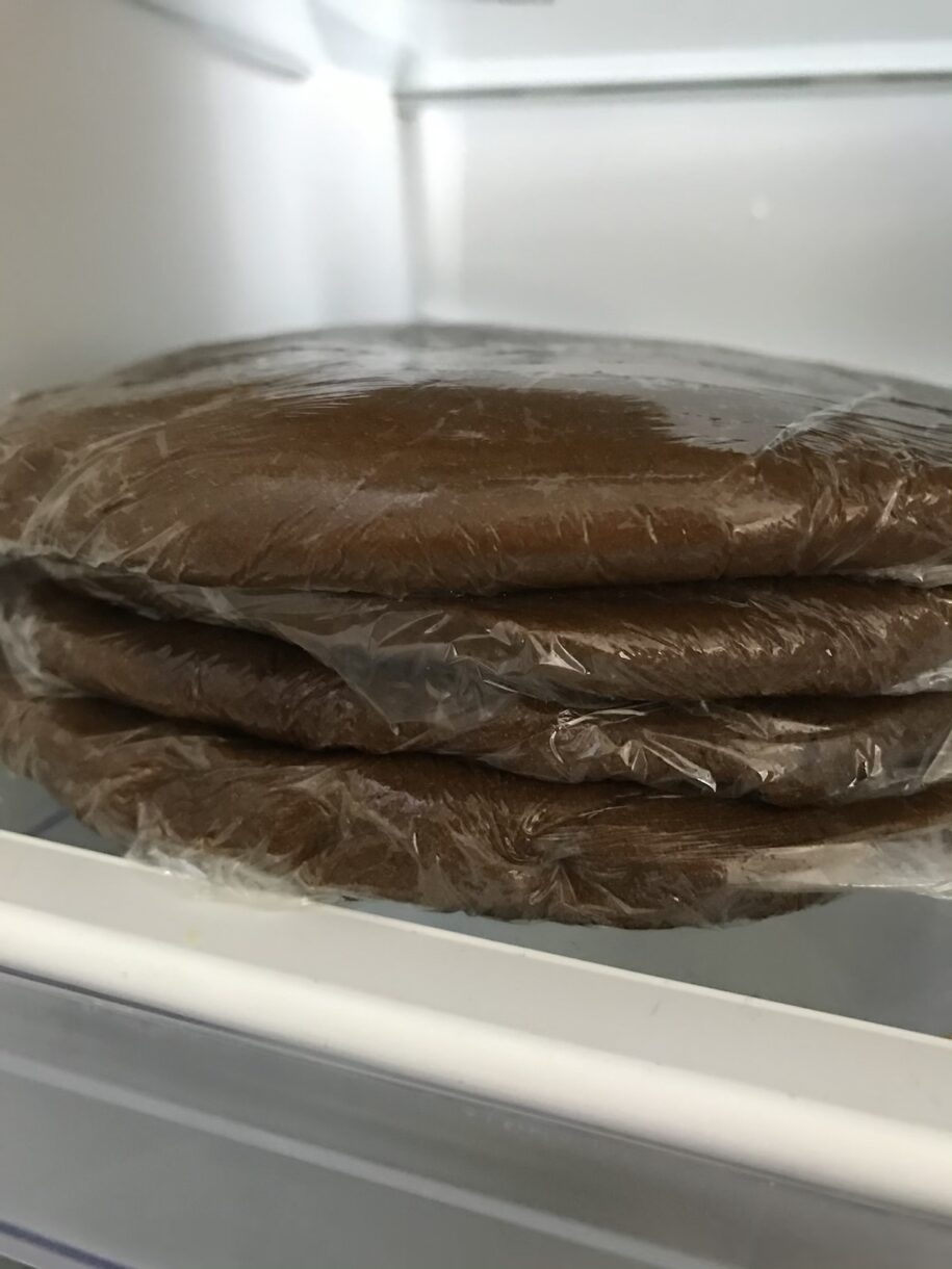 Stacks of gingerbread dough in the fridge