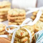 Original food photography of a stack of apricot shortbread cookies