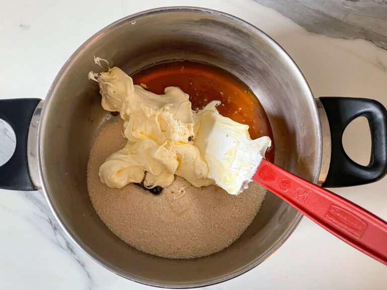 Clotted cream fudge ingredients in pan