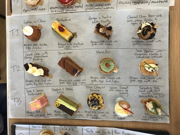 Afternoon tea desserts arranged on a sheet of parchment