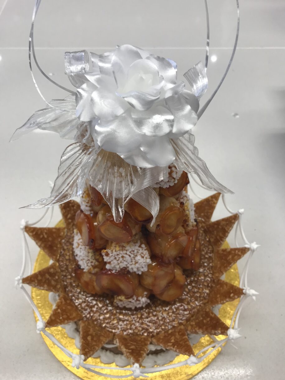 Croquembouche with pulled sugar rose and sugar hoop