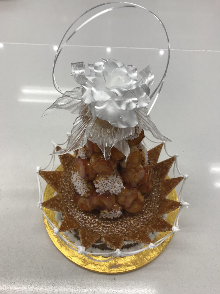 Croquembouche with white pulled sugar rose