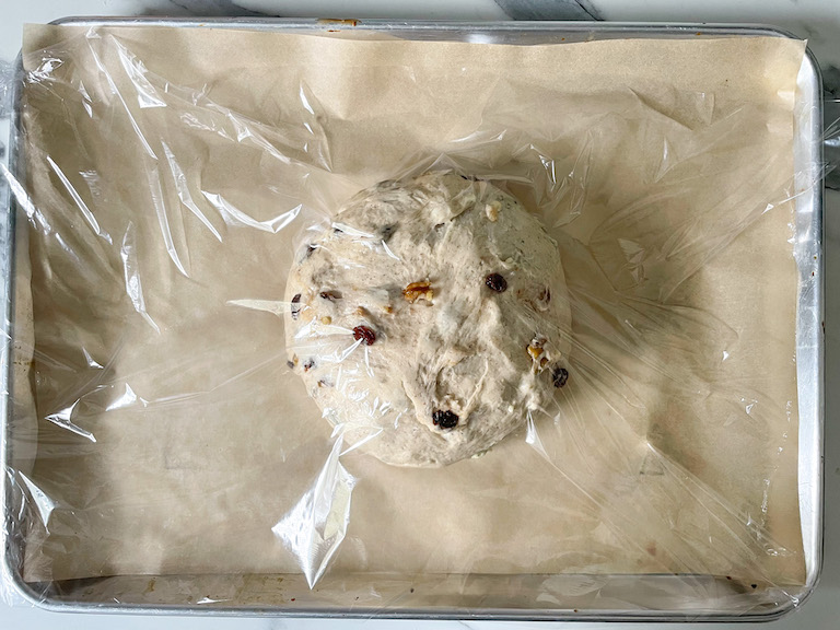 Bread dough covered in clingfilm on a tray