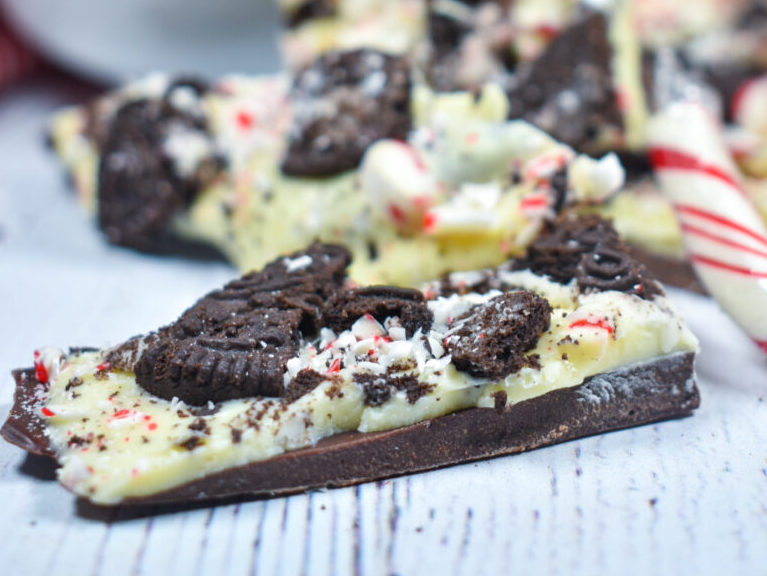 A chunk of chocolate peppermint bark