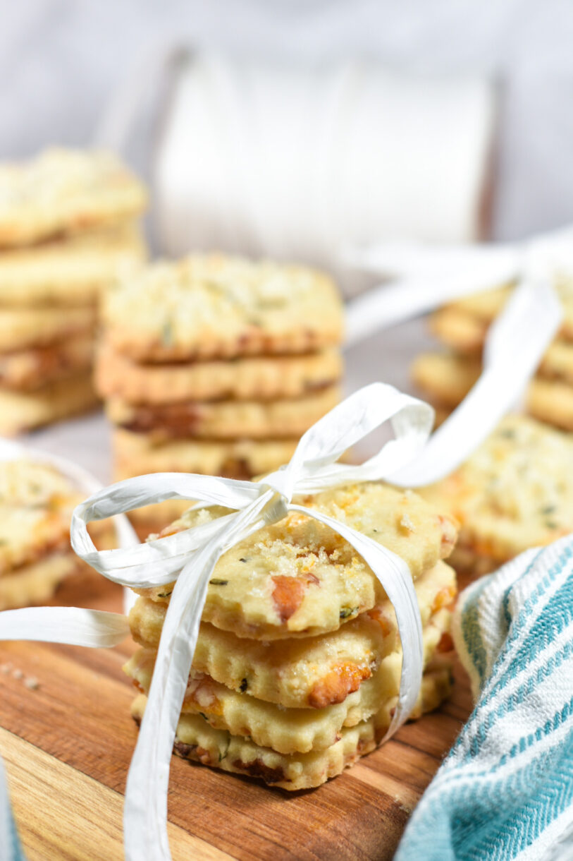 A stack of apricot shortbread cookies tied with a bow
