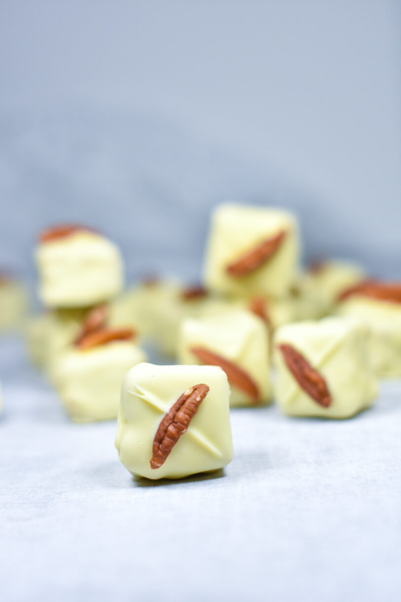 White Chocolate Blondie Bites on a white surface